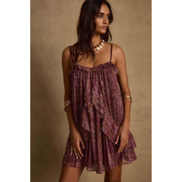 12th Tribe Golden Hour Raspberry Ruffle Mini Dress Size M - Picture 2 of 3